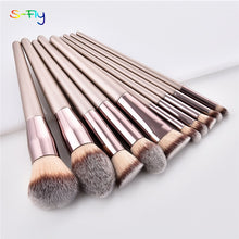 Load image into Gallery viewer, 10 pièces/ensemble pinceaux de maquillage Champagne ensemble pour fond de teint cosmétique poudre blush fard à paupières kabuki mélange maquillage brosse outil de beauté
